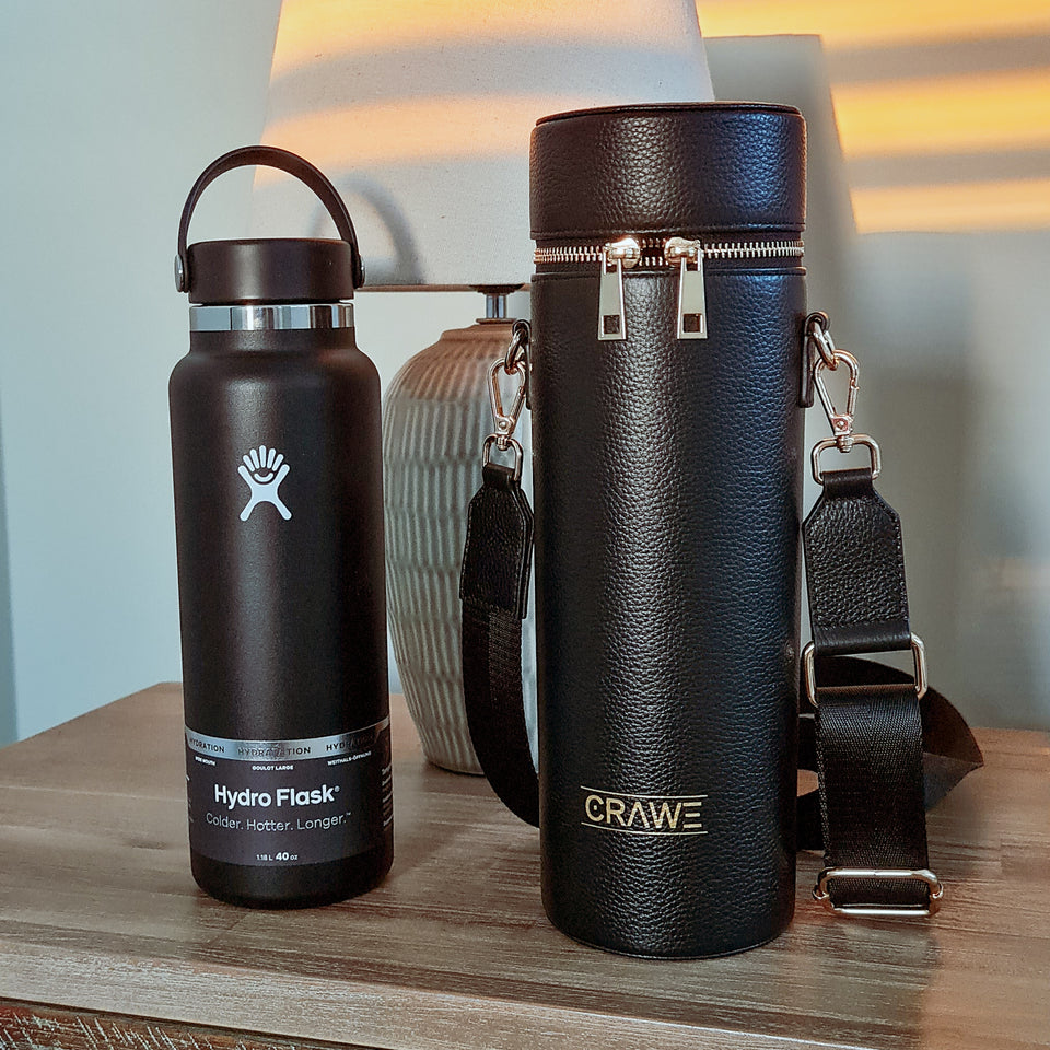 Crawe Large Insulated Full Grain Leather Bottle Bag and Hydro Flask Bottle