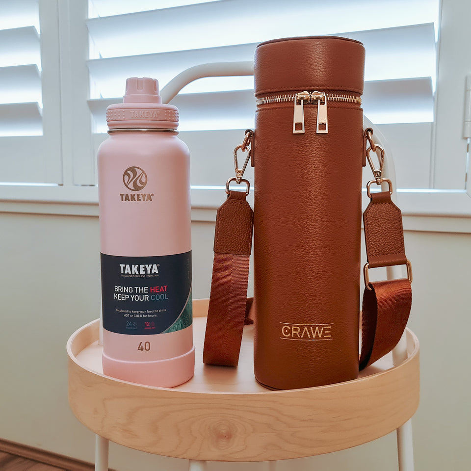 Crawe Large Insulated Full Grain Leather Bottle Bag and Takeya Bottle